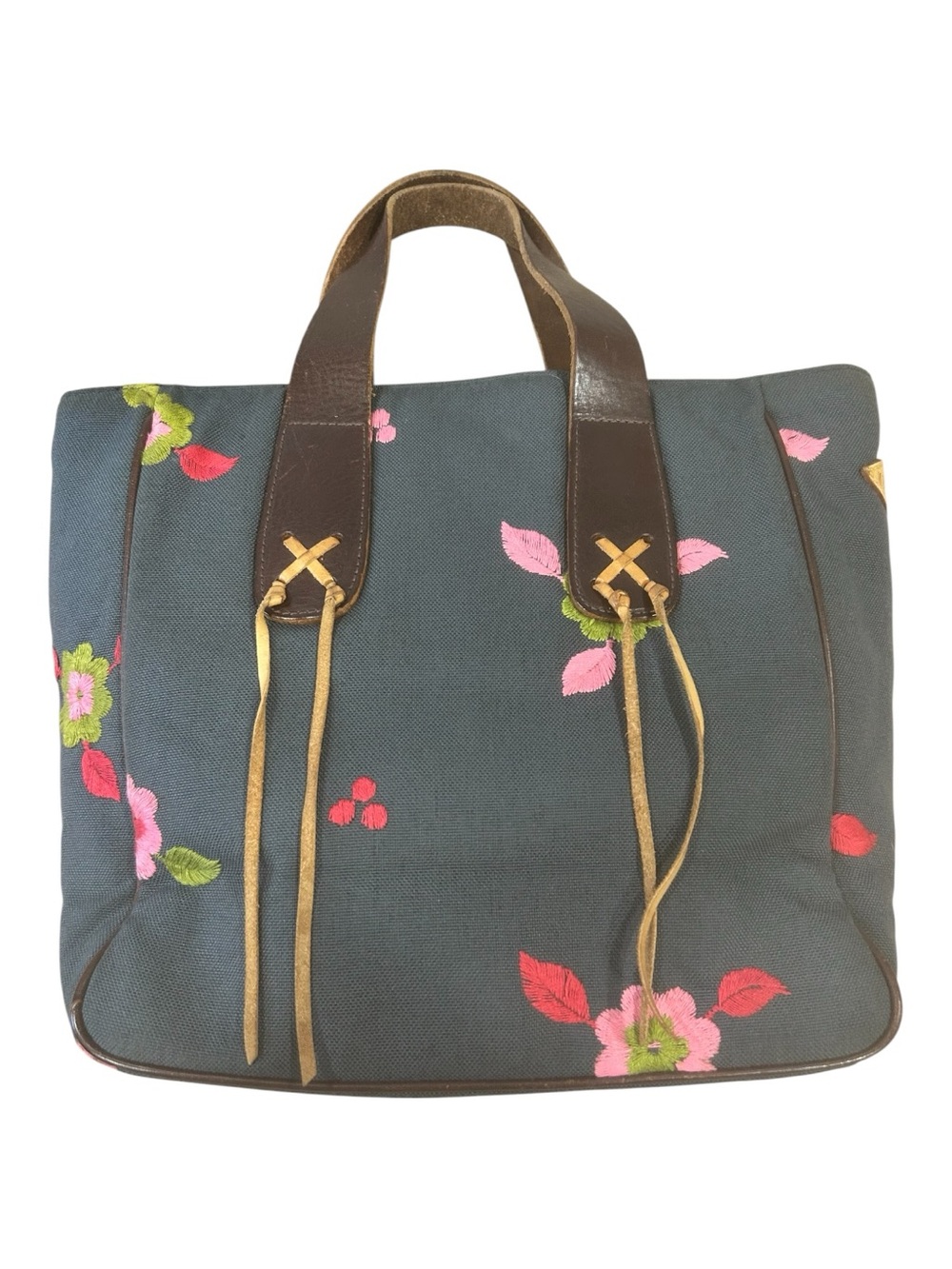 MZ Wallace Vintage Blue Floral Embroidered Canvas Tote Bag Leather Trim bohochic - Picture 2 of 16